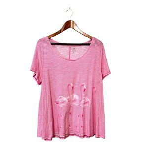 Crown & Ivy Pink Striped Flamingo Graphic Tee XL 100% Cotton Women’s Top